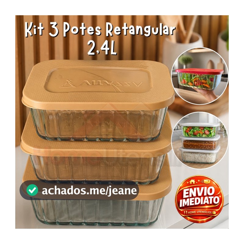 Kit 3 Potes Tigela De Vidro 2.4 Litros Retangular Com Tampa Plástica