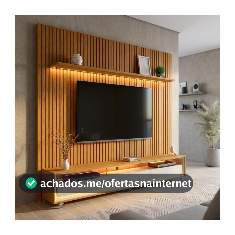 Rack com Painel Ripado até 70 Polegadas Sintra com LED 2 GV Cedro e Off White Alt 218 Larg 177 cm
