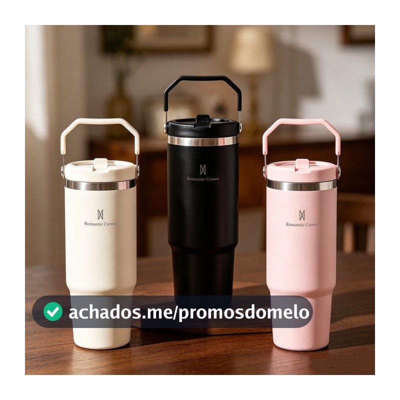 ROMANTIC CROWN Garrafa Térmica Inox 900ml Portátil com Bico e Alça Flip Tumbler para Academia e Trabalho