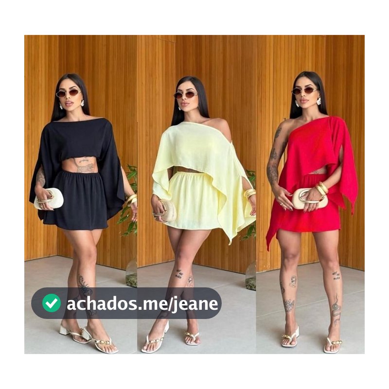 Conjunto Capa com 3 peças com Short Saia, Cropped e Blusa Capa no Tecido Duna moda 2026