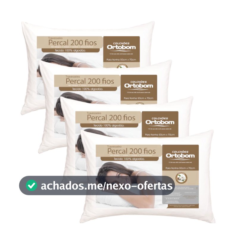 Kit Travesseiros Ortobom 200 Fios 50x70cm 100% Algodão Antialérgico Super Macio Perfil Alto