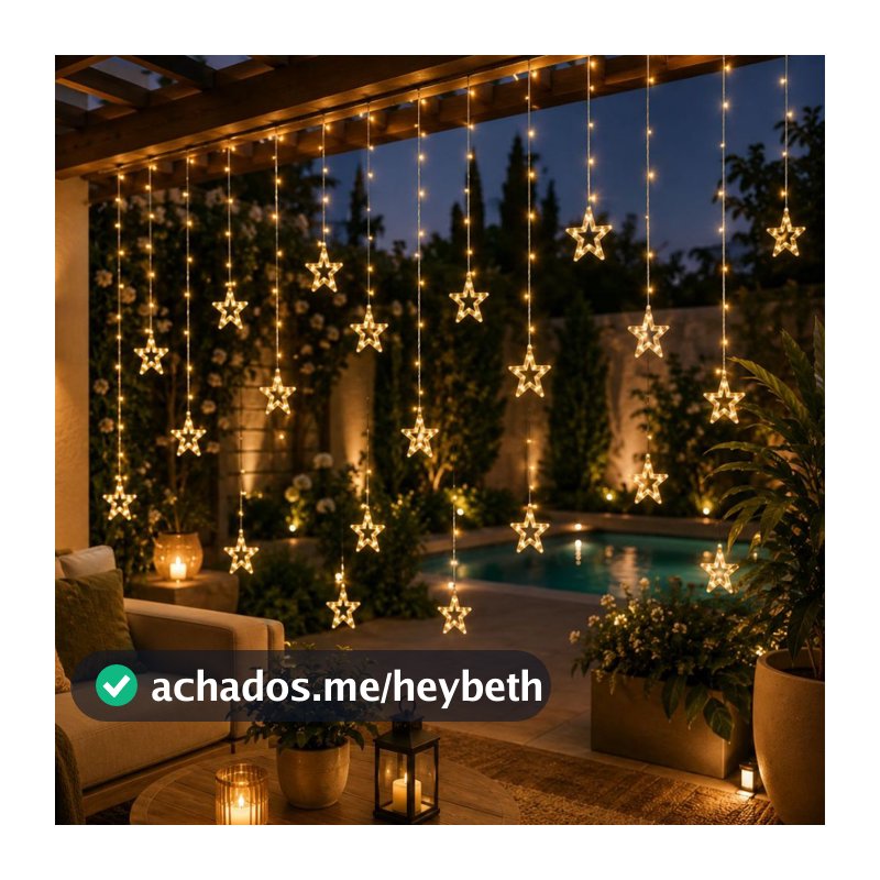 Cascata de Natal Estrelas Bivolt Leds com 8 Funções em cores Branco Quente e Pisca Pisca