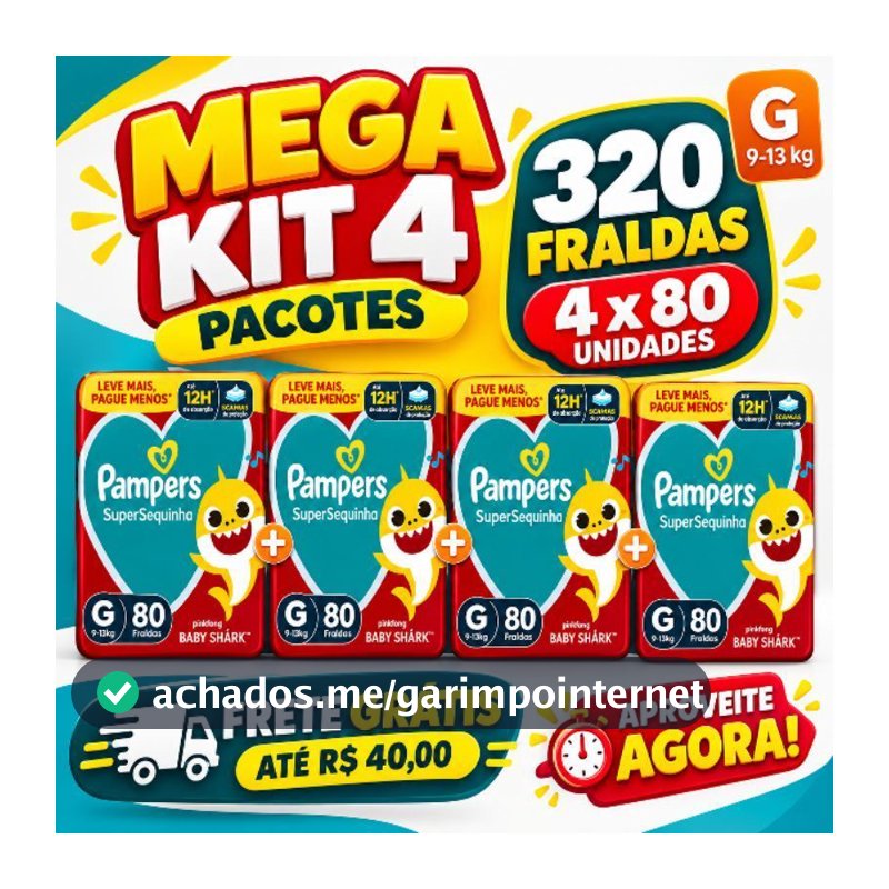 FRALDA PAMPERS SUPERSEQUINHA - MEGA KIT 4 PACOTES - TAMANHO G - TOTAL DE  320 UNIDADES - BABY SHARK