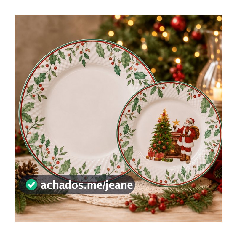 Prato de Natal Cerâmica Alleanza Raso e Sobremesa Kit 2 Peças Mesa Posta Decoração Natalina  Ele fica bem estruturado pa