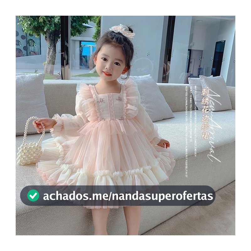 Vestido Longo de Princesa para Meninas Manga Longa de Tule Floral Elegante Festa de Aniversário