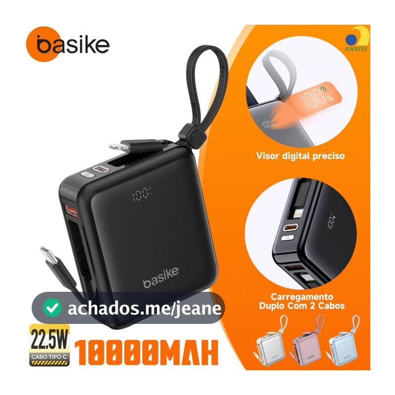 BASIKE Power Bank 10000mAh Mini PD 22.5W Carregamento Duplo Com 2 Cabos