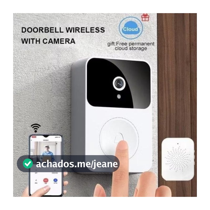 Campainha Wi-Fi Recarregável com Monitoramento HD 24h na Palma da Mão, com Acessórios de Instalação e Cabo de Dados