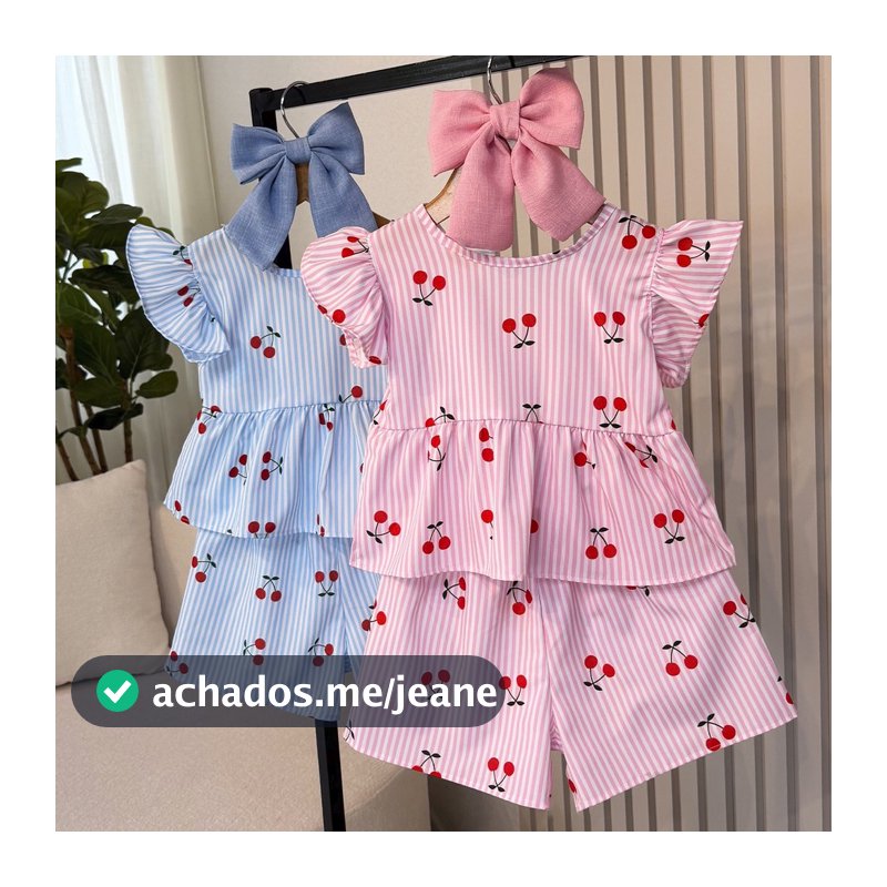 Conjunto Infantil Cerejas Rosa e Azul Menina 02 ao 08
