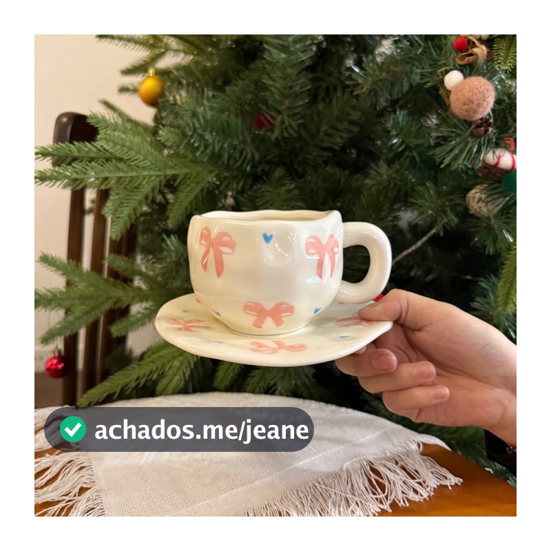 Conjunto De Xícara E Pires De Cerâmica Com Laço Rosa Pintado À Mão , Caneca Fofa De 300ml Para Chá Da Tarde Leite