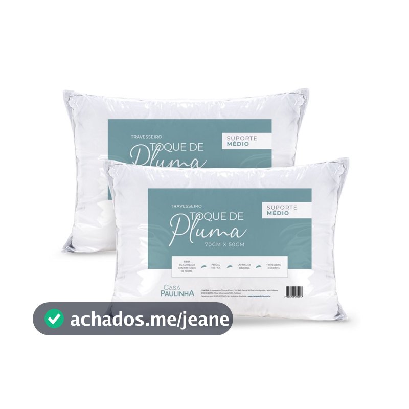 Kit 2 Travesseiros Toque de Pluma Antiacaro 70x50cm Percal 180 Fios Antialérgico