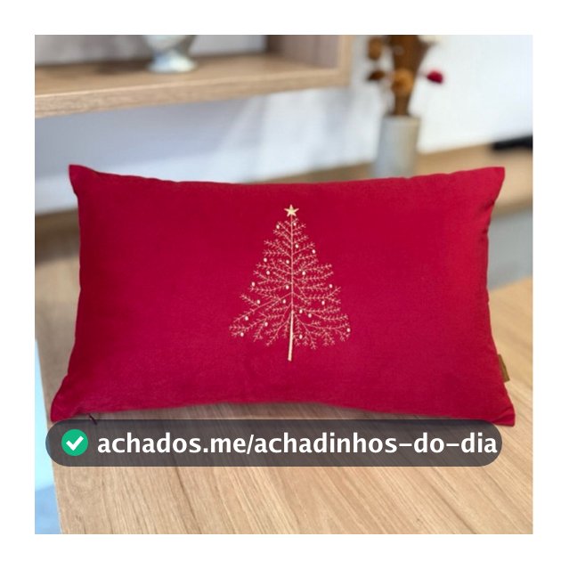Almofada Natal Bordada Veludo Vermelho com Árvore Dourada Decoração Natalina Presente c enchimento