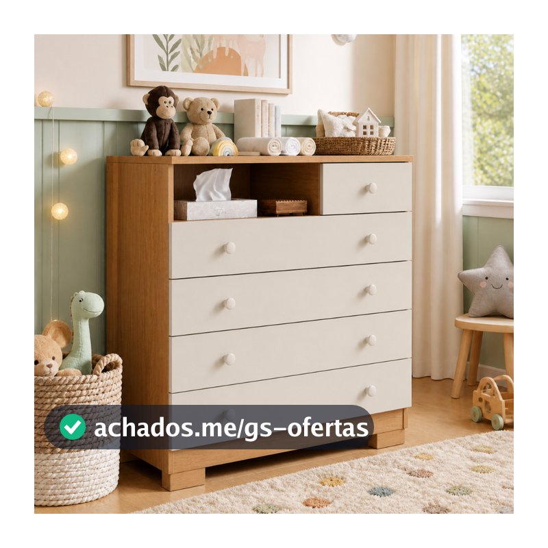 Cômoda Infantil 5 Gavetas Com Corrediças Telescópicas Pés P/ Quarto Grande Organizadora Roupas Amora