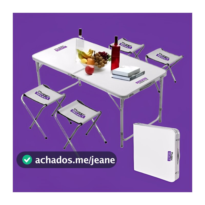 Mesa Dobrável Portátil Vira Maleta Camping Praia 120x60cm com 4 Banquinhos Dobráveis Branco