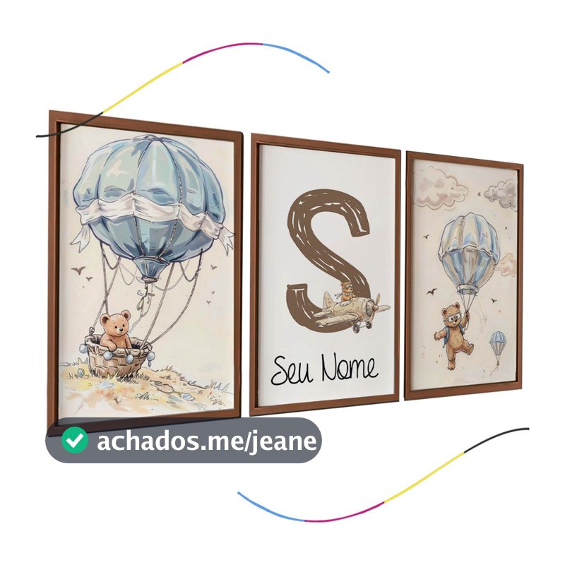 Conjunto de 3 Quadros Decorativos Infantis, Urso e Balão, Aquarela, Borda Marrom, Personalizado nome