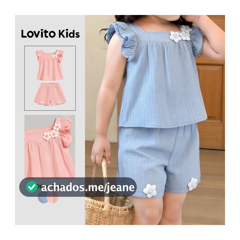 Lovito Kids Floral Conjunto Casual de Shorts com Apliques de Babados Azul Primavera/verão para Meninas L186LD218