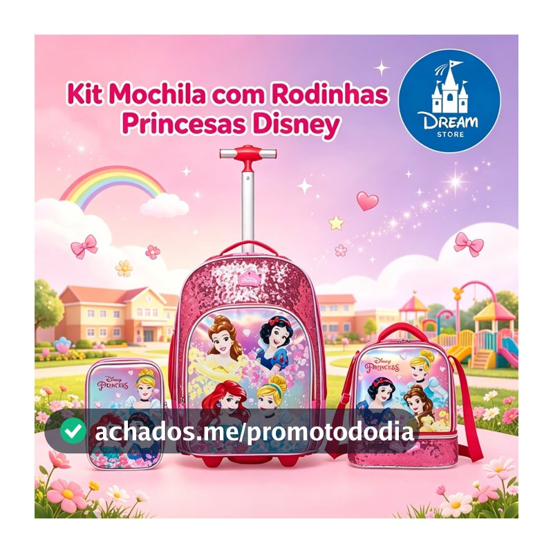 Kit Mochila de Rodinhas Princesas Escolar Infantil Menina Disney
