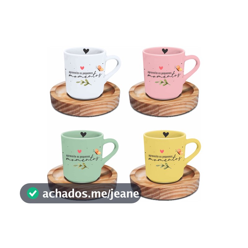 Conjunto 4 Canecas Cafezinho 60 ml com Pires Madeira Porcelana Café e Chá Mesa Posta Presente Cozinha Decoração Elegante