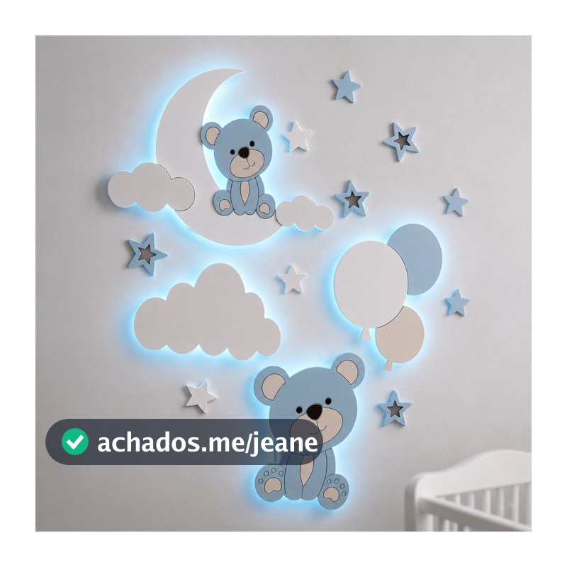 Kit Luminárias Infantil LED Luminária Nuvem Urso Estrelas e Balões Quadro Parede Decoração Quarto Infantil Fio de Fada