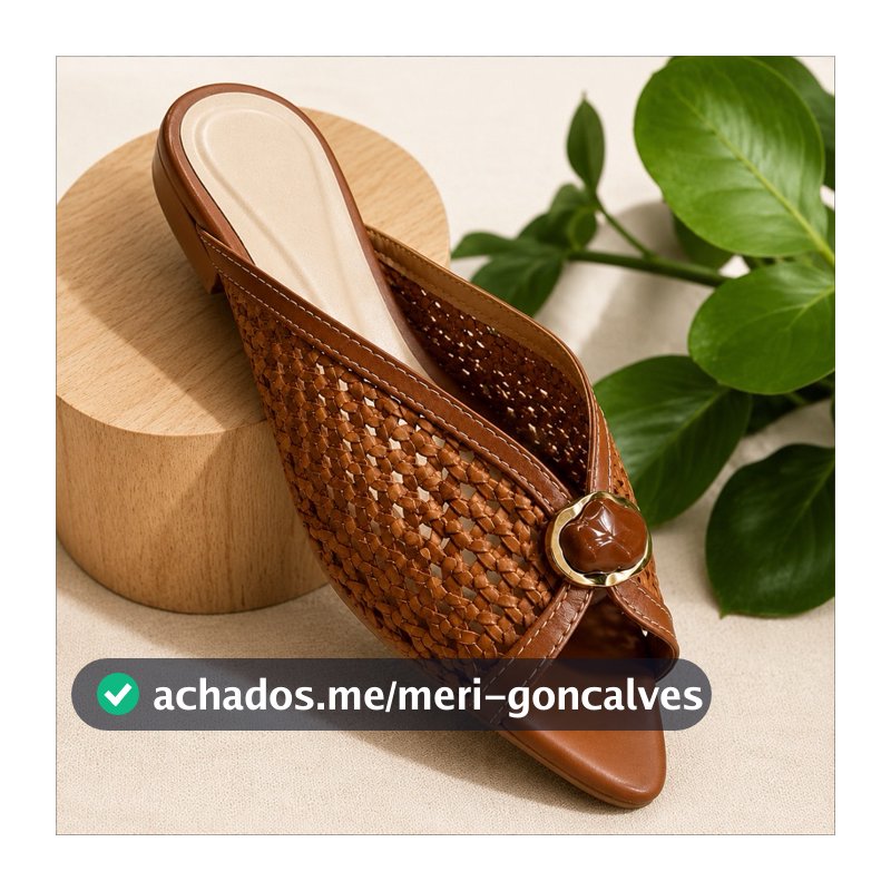 Mule Feminino Trançado Caramelo Bico Fino Elegante Casual Confortável com Fivela
