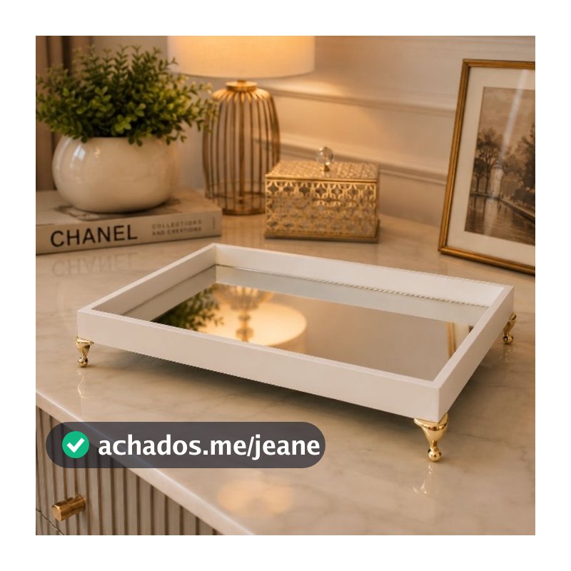 Bandeja Espelhada Decorativa Branca Pés em Metal Rosê Gold Dourada Prata Sala Lavabo Banheiro
