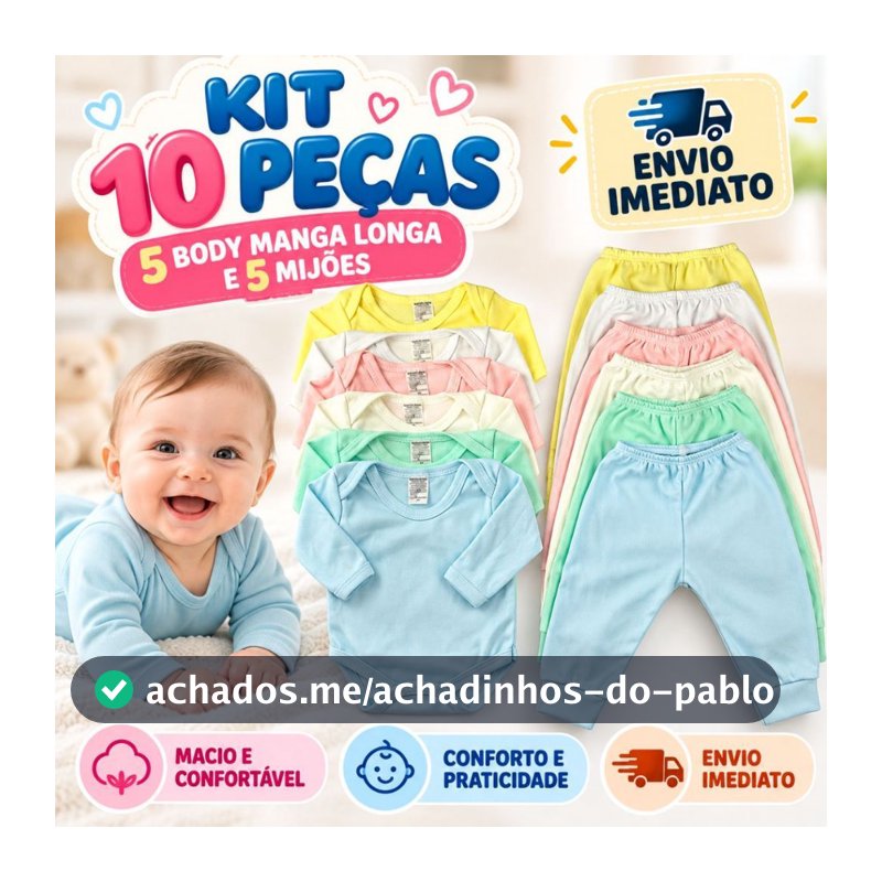 Kit 10 Peças - Conjunto Body Manga Longa + Calça Lisa Bebê