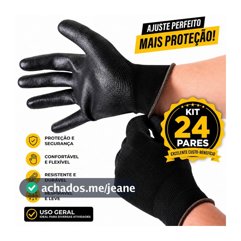 Kit 24 Pares Luva Proteção Multitato Tátil Banhada PU Black Uso Geral Mecânico Pedreiro Pintor EPI