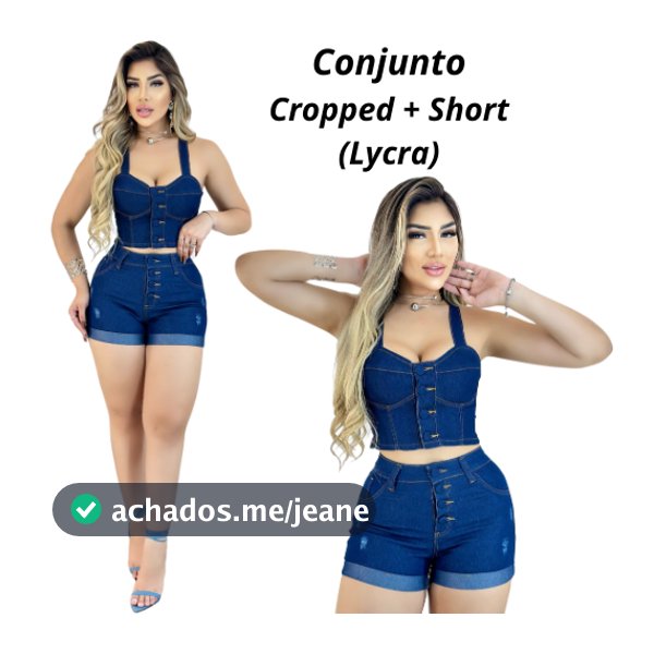 Conjunto Short e Cropeed feminino em Jeans Com Lycra Elastano