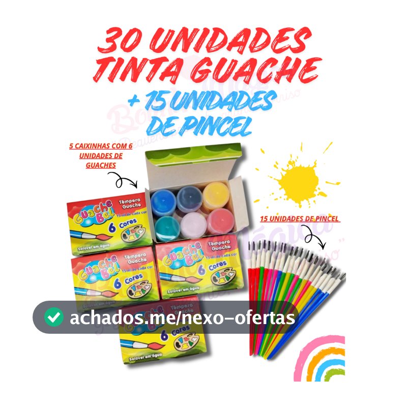 Kit  30 Unidades Tinta Guache15ml + 15 Unid. Pinceis Pintura Aquarela Escolar Lembrancinha Infantil