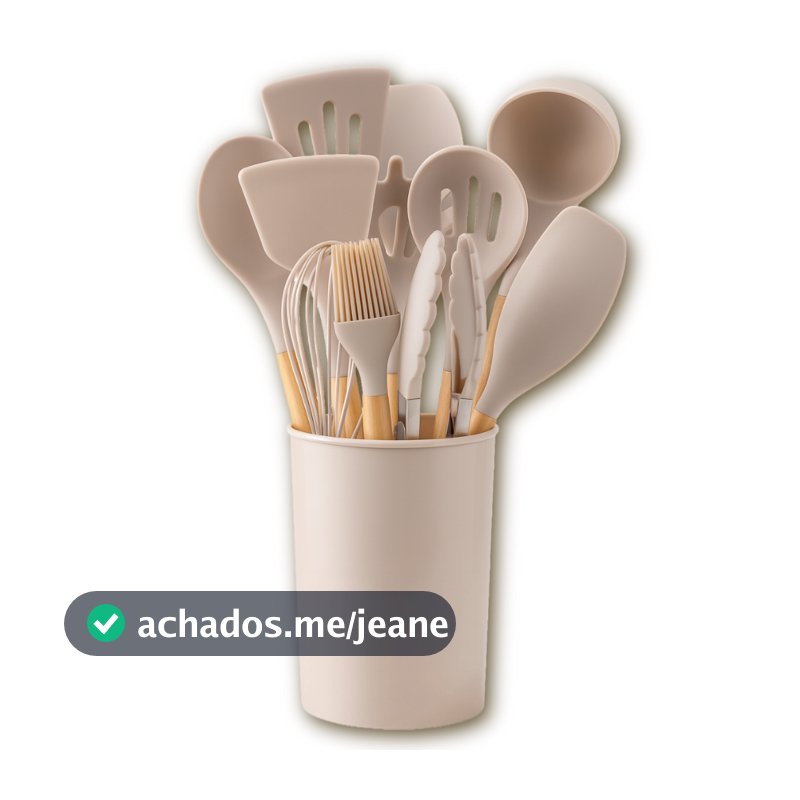 Kit de Utensílios de Bambu c/ Silicone Grande 12p Bege c/ Escorredor de Talheres c/ Pegador Fue