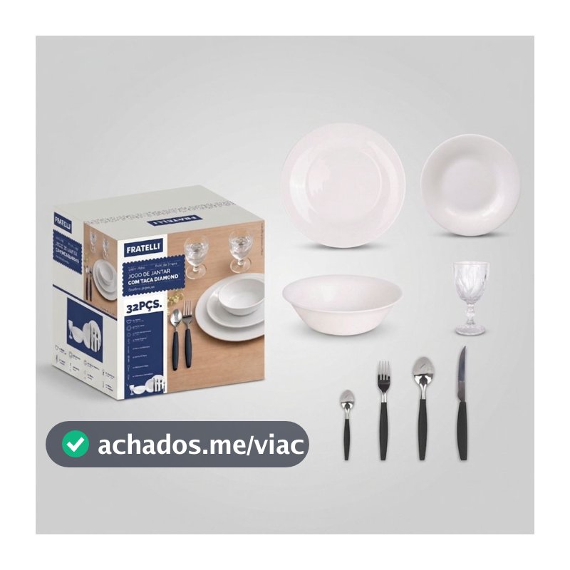 Jogo de Aparelho De Jantar 32 Peças Vidro Branco Com Talheres E Taças Diamond