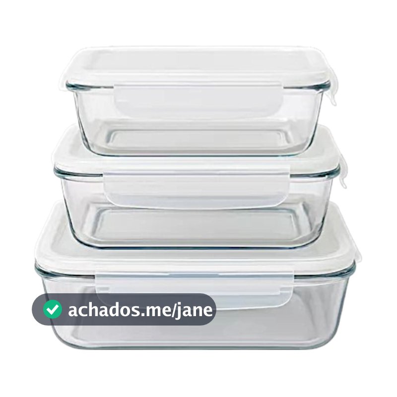 kit 3 Potes de Vidro Marmita com tampa Hermética 4 travas Forno Micro-ondas Airfray 370/640/1040