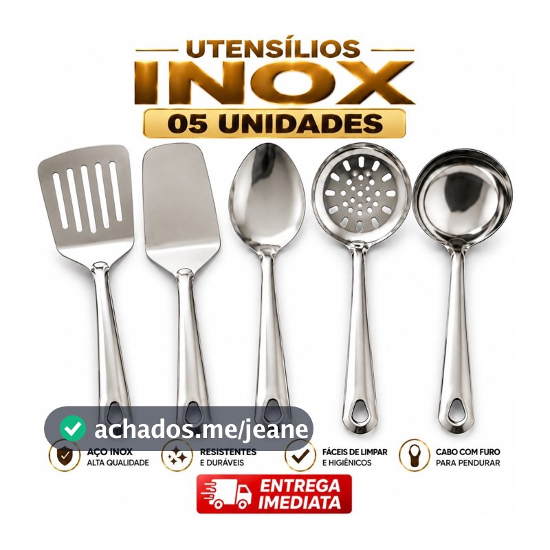 Kit Utensílios Inox 5 Peças Cozinha Inox Espátula Concha Escumadeira Colher Pegador Qualidade Casa Restaurante Buffet