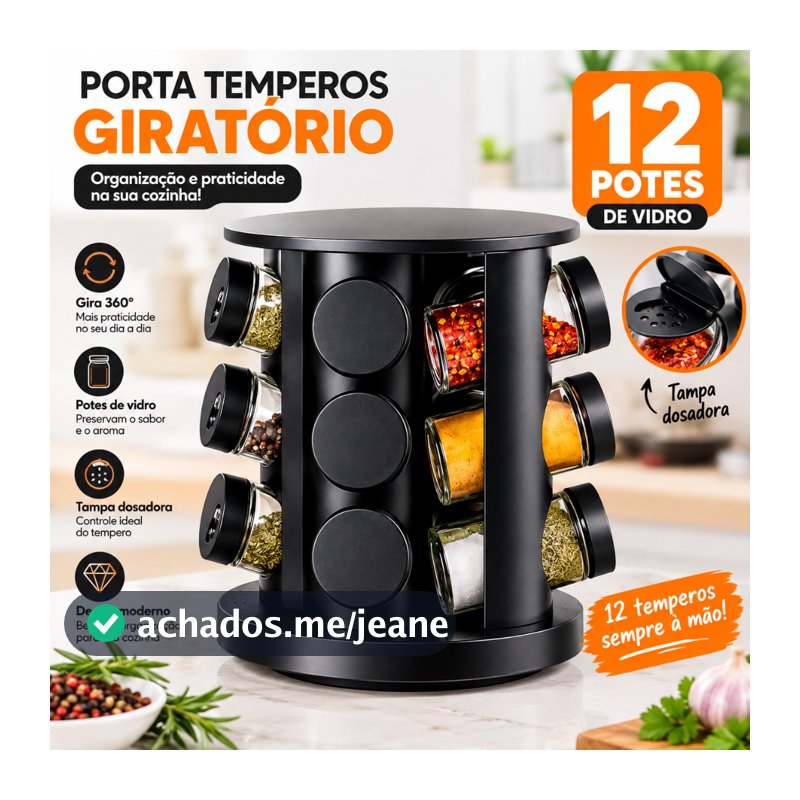 Porta Tempero Giratório 12 Potes de Vidro Preto 360 Graus com Tampa Dosadora Organização Cozinha Condimentos Premium