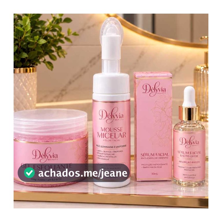 Kit Skin Care Delyvia Beauty 3 Peças – Gel Esfoliante, Mousse Micelar e Sérum Facial Efeito Glow