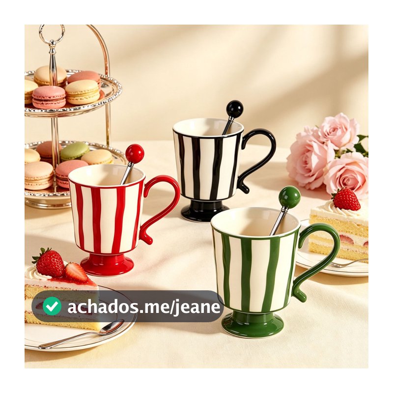 Conjunto Artístico De Canecas De Cerâmica Listradas Pintadas À Mão – Xícaras De Café Elegantes Para Casa E Escritório