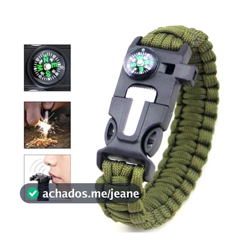 Kit 02 Pulseira Tática de Paracord Verde Bapumel sobrevivência Bússola Apito e Pederneira