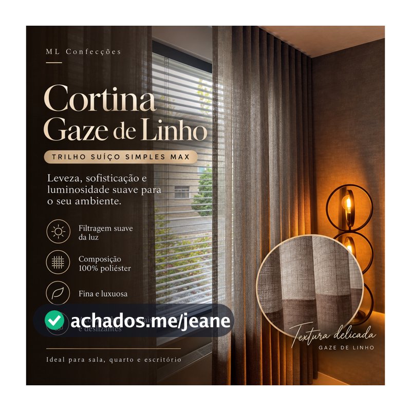 Cortina Voil Gaze de Linho 8m x 2,40/ 2,50/ 2,60/ 2,70/ 2,80 sem Forro pra Trilho Suíço Simples Max