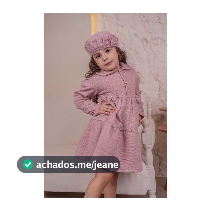 Vestido Sobretudo Infantil Tricot + Boina Roupa para Menina Estilosa com Manga Longa, botão, Lacinho