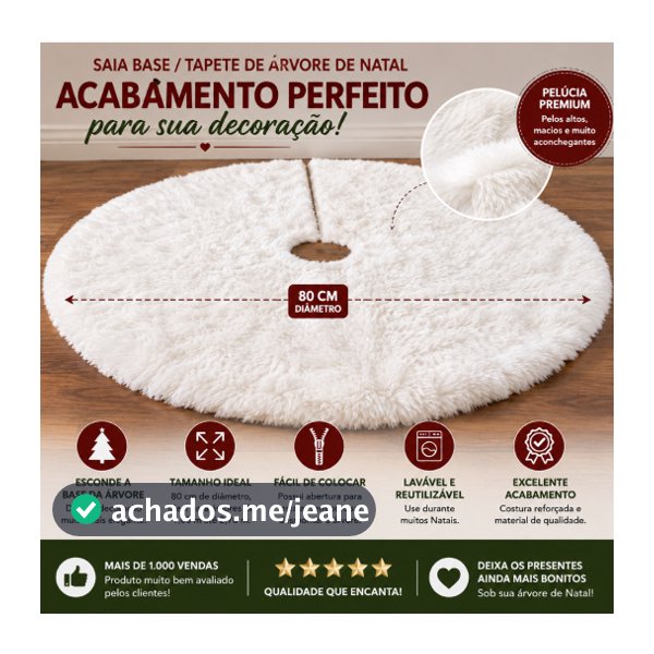 Tapete Natalino Saia Para Arvore De Natal Pelúcia Pelo Alto 80x80 Diametro Grande