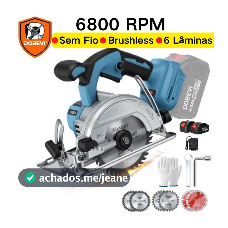 Serra Circular Sem Fio 6800 RPM Profissional Brushless 6 Lâminas + 2  4.0ah Baterias 127/220V | DOBEVI | Madeira e Pedra
