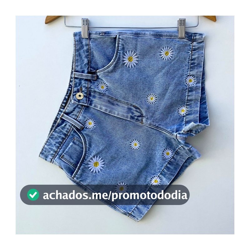 Short jeans feminino cintura alta bordado margarida