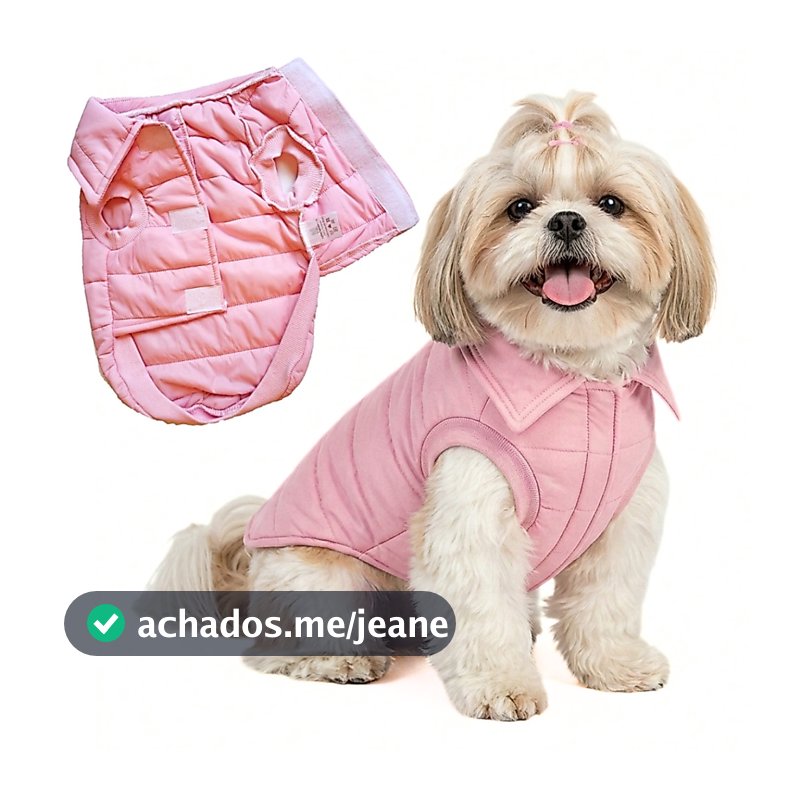 Roupa Pet Inverno Frio Cachorro Gato Casaco Jaqueta Puffer Gola Polo Rosa com Velcro