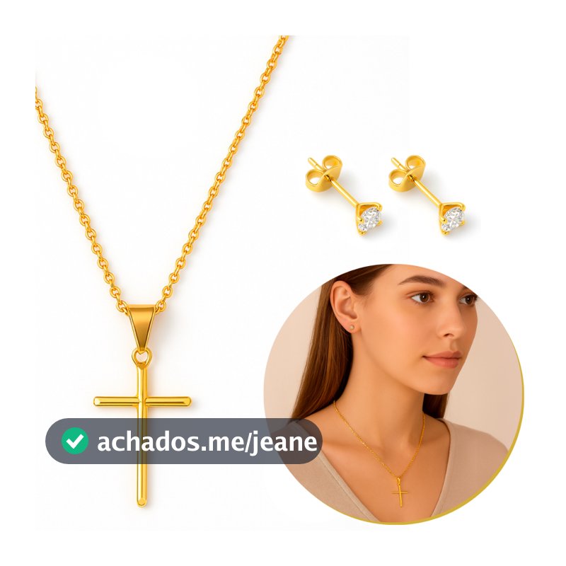Conjunto Moda Feminina Brinco E Colar Com Crucifixo Banhado