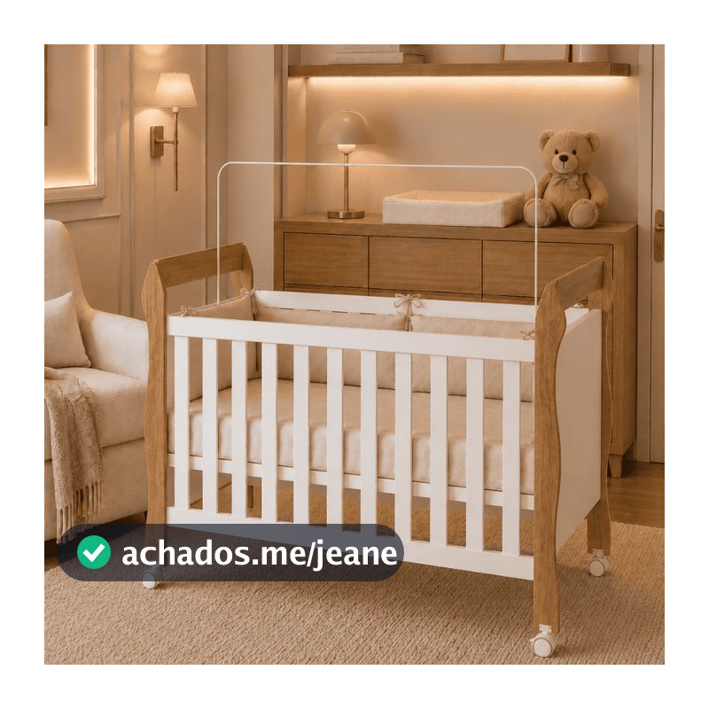 Berço Soninho Branco/Amadeirado Americano Vira Mini Cama Rodízios Moderno Infantil Colchão Incluso - AV