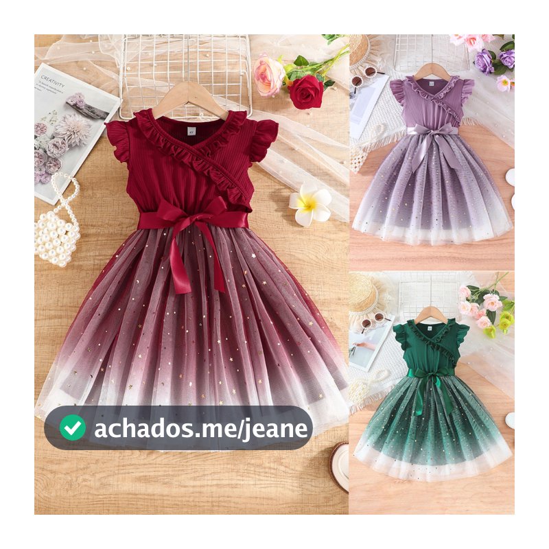 Vestido Infantil Meninas 2-7 Anos Manga Curta Glitter Estrela Degradê Tule Faixa Festa Natal Ano Novo