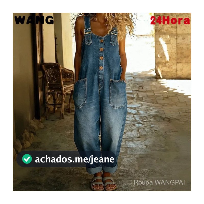 Macacão Jeans Feminino Vintage Desgastado com Ajuste Solto e Fivela Ajustável