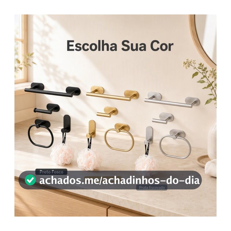 Kit 4 Peças Acessórios Banheiro Aço Inox Autoadesivo Sem Furação Porta Toalha e Gancho