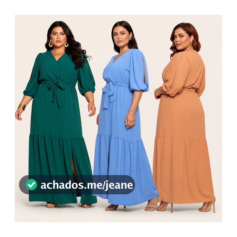 Vestido Longo Plus Size Duna Manga 3/4 com Fenda Elegante Igreja Casamento Festa (G1 ao G5)