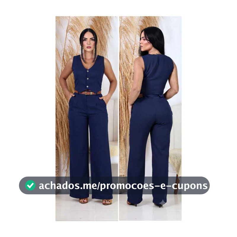 Conjunto Alfaiataria Feminino Colete e Calça Com Cinto Pantalona Moda Social Envio Imediato