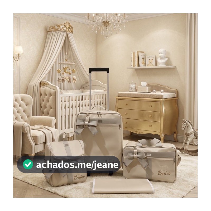 kit de bolsas de maternidade com mala de rodinha e mochila 2 em um  dourado light com faixa bege